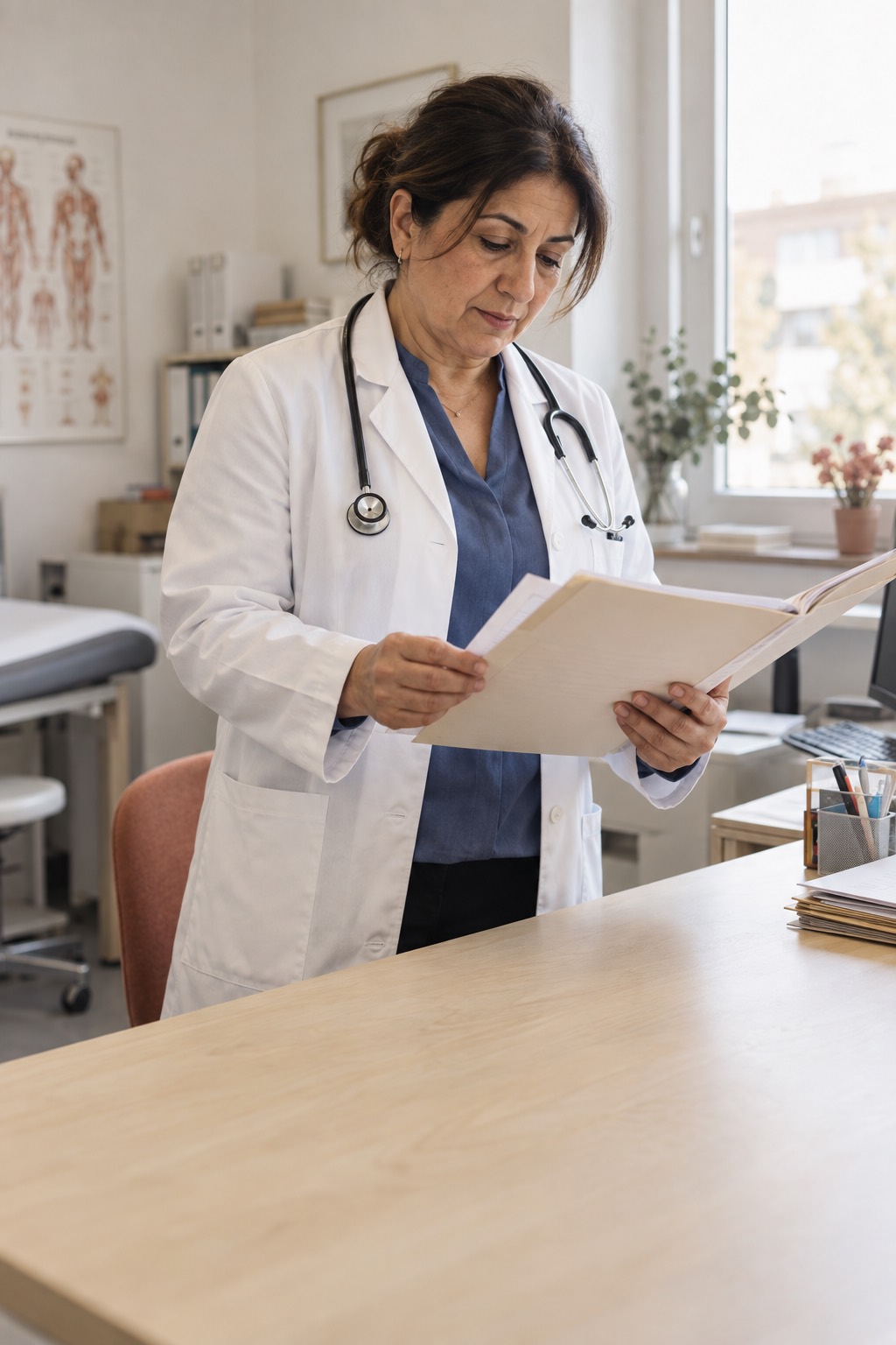 Physician in a white coat with a stethoscope reading a patient file at a wooden desk in her bright exam room