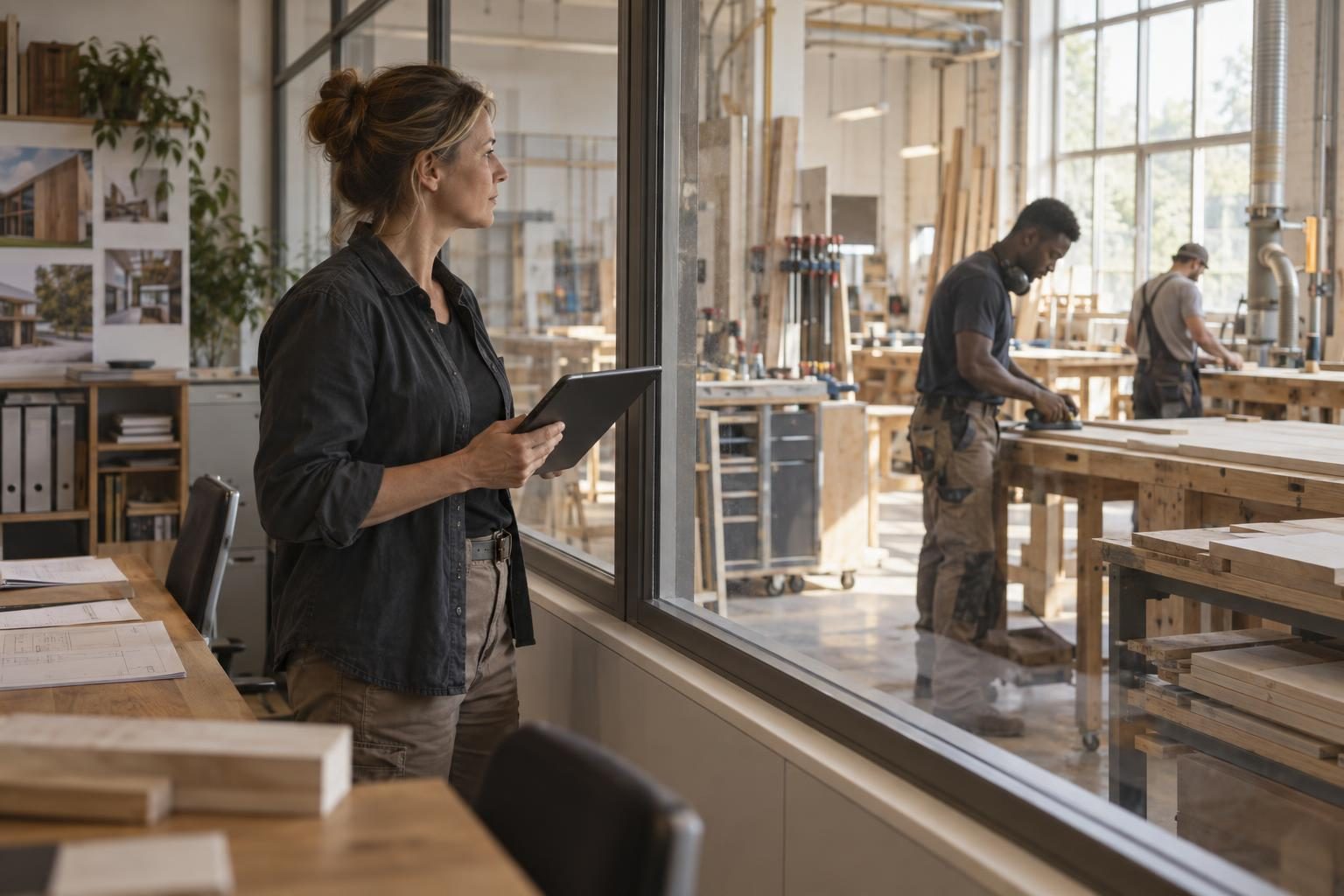 Owner with a tablet in her business, the team working behind a glass wall